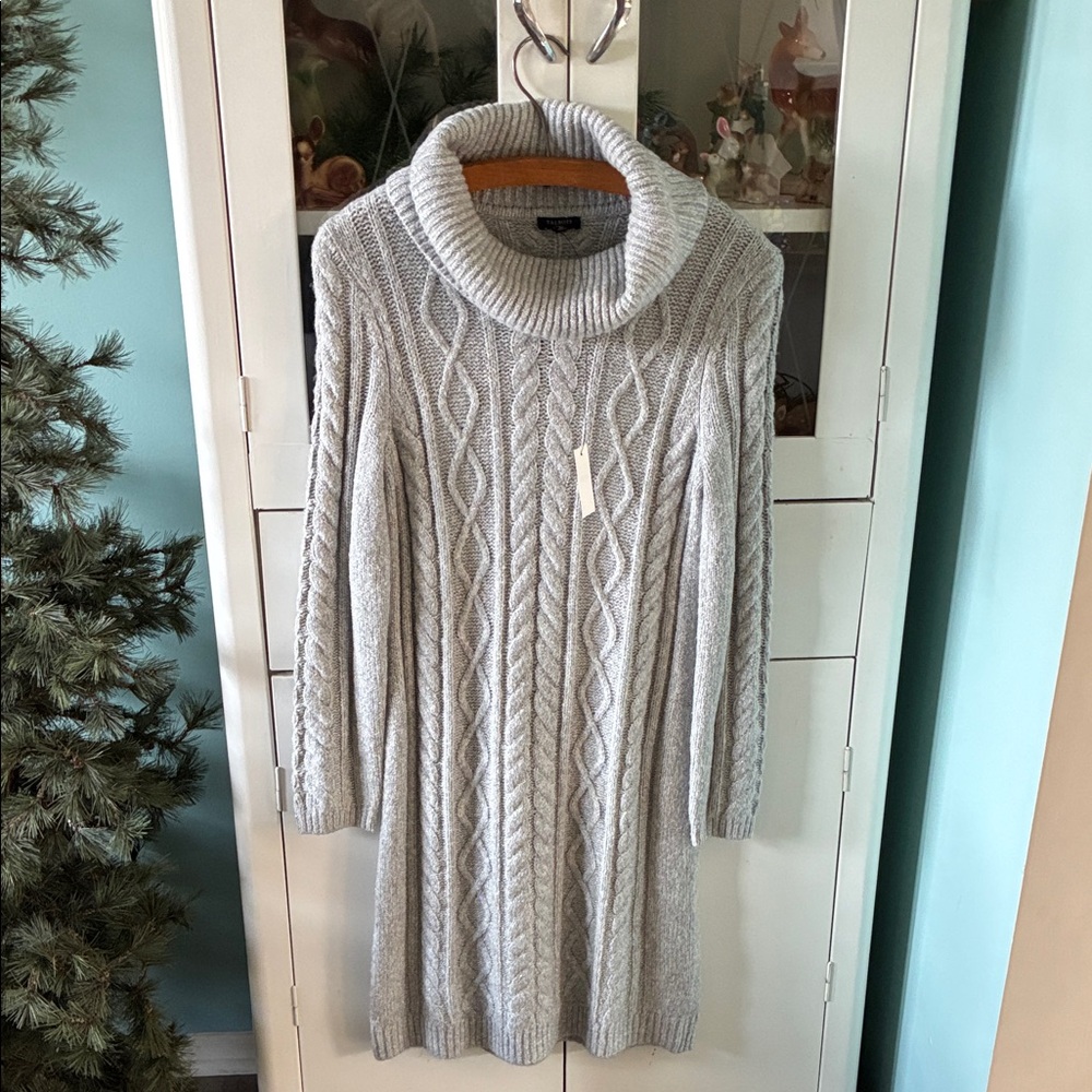 Talbots Light Gray Cable-Knit Turtleneck Sweater Dress